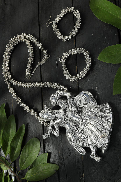 Mominos Fashion Johar Kamal Oxidised Silver-Plated Brass Finish Radha Kishan Long Necklace For Women