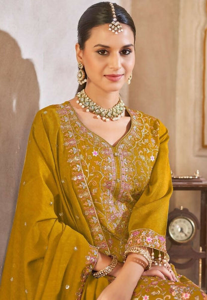 Anaita Mustard Vichitra Silk Readymade Suit with Embroidery & Lace Work
