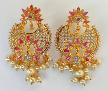 AD Ruby Designer Hanging Pearls Earrings
