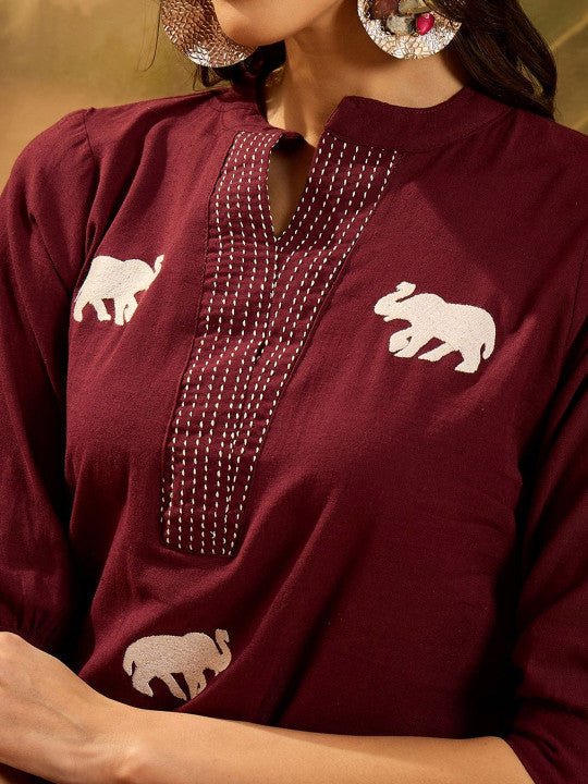 Sangria Women Embroidered Mandarin Collar Cuffed Sleeve Top