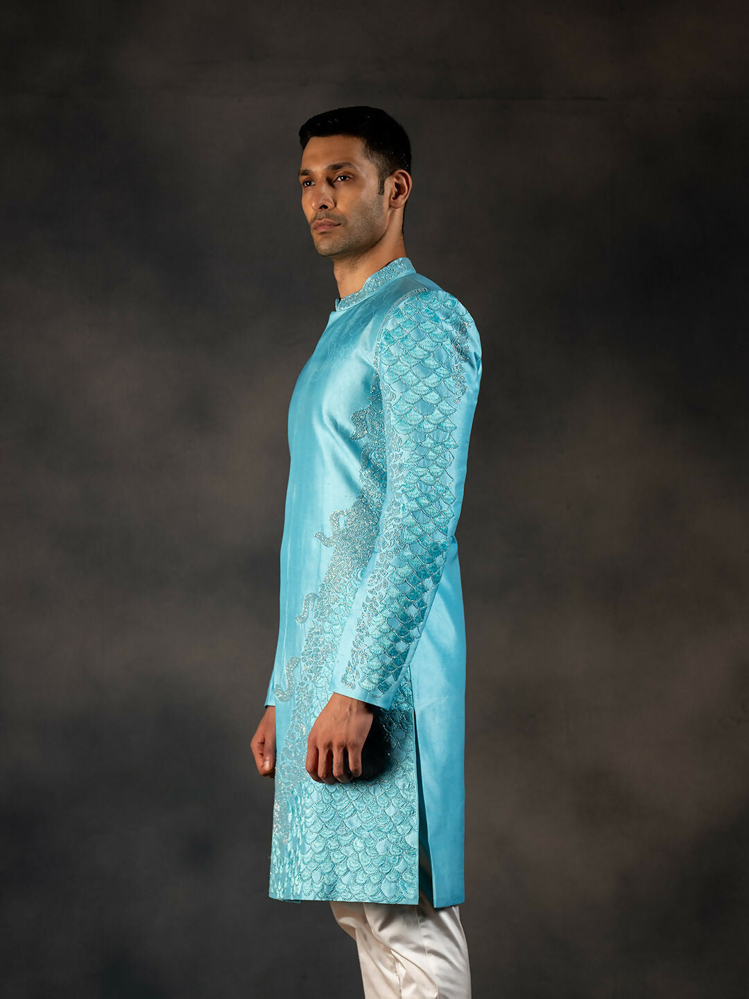 Sky Blue Hand Embroidered Indowestern Sherwani by Hilo Design