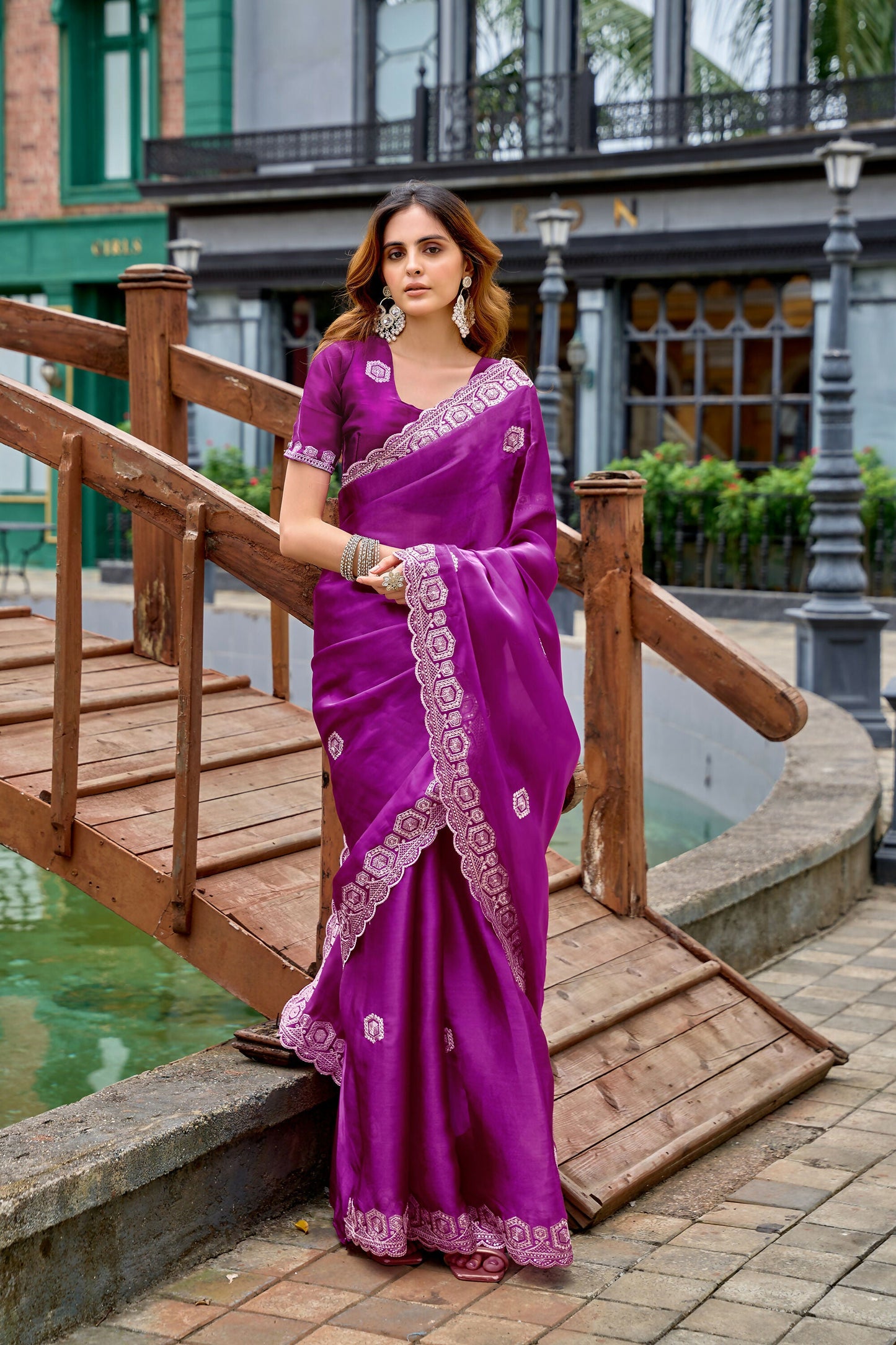 Vastranavya Purple Embroidery Work Shimmer Chiffon Saree with Unstitched Blouse