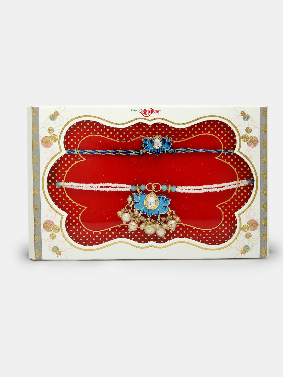 NVR Women & Men Set of 2 Blue Lotus Shape Kundan-Studded & Beaded Handcrafted Wraparound Rakhi Set With Roli Chawal