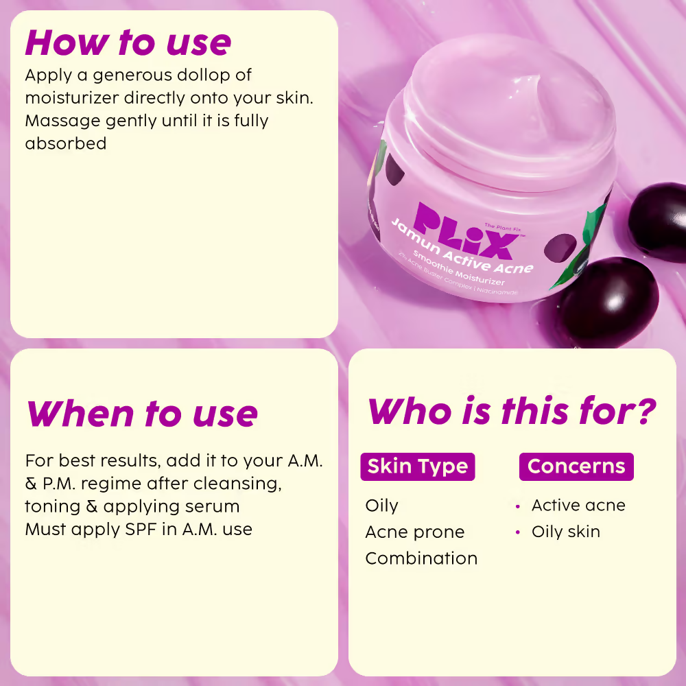 PLIX The Plant Fix Jamun Active Acne Regime - Cleanser, Acne Mark Serum, Moisturizer & Body Wash For Women & Men