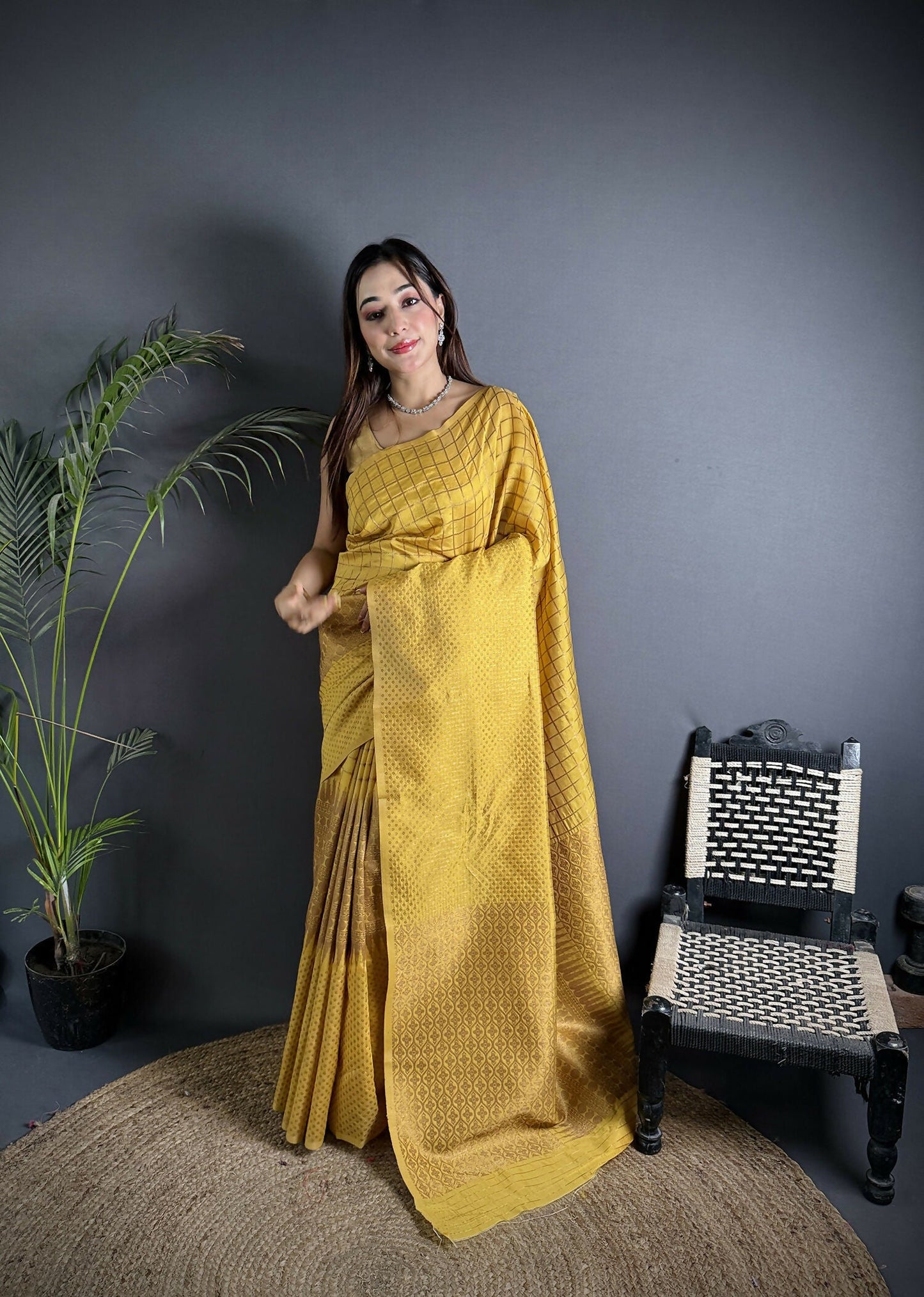 Joban Fashion Golden Yellow Banarasi Soft Lichi Silk Checks & Woven Saree
