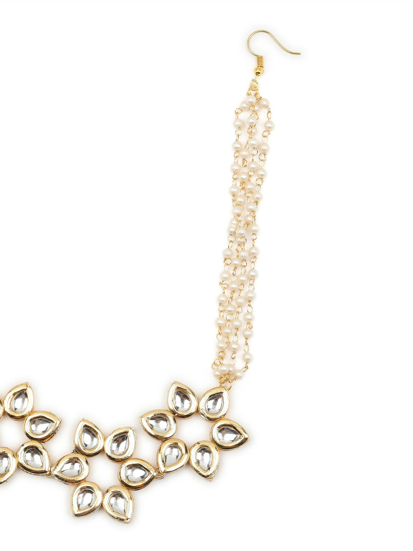 Gold-Polished White Kundan-Studded Pearl Beaded Hair Band - Ruby Raang