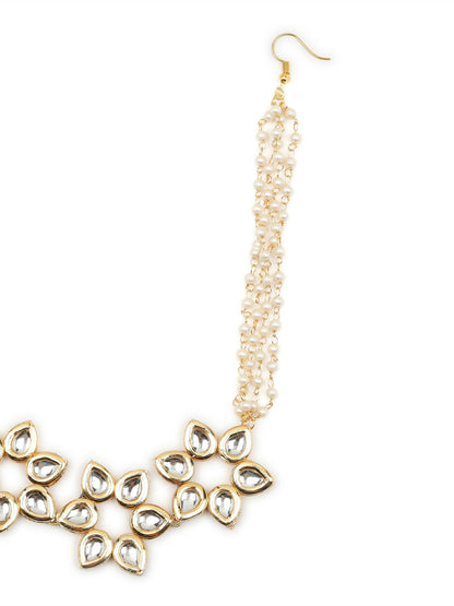 Gold-Polished White Kundan-Studded Pearl Beaded Hair Band - Ruby Raang