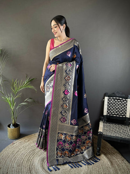 Joban Fashion Navy Blue Elephant & Floral Motifs Soft Lichi Silk Banarasi Saree