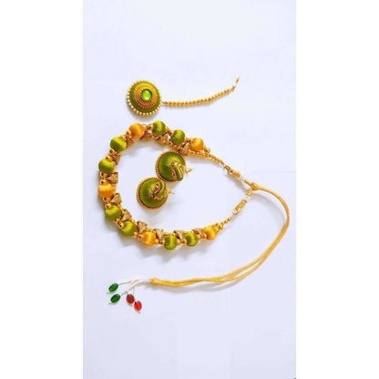 Green and Gold Silk Threaded Necklace Set with Earrings and Maang Tika