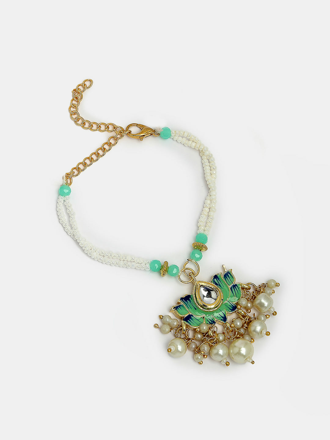 NVR Women & Men Set of 2 Turquoise Blue Lotus Shape Kundan-Studded & Beaded Handcrafted Wraparound Rakhi Set With Roli Chawal