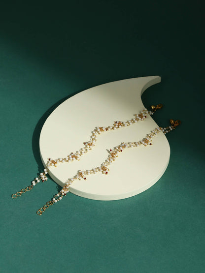Gold-Polished White Kundan Studded Beaded Anklet - Ruby Raang