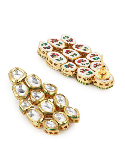 Gold-Toned White Kundan Contemporary Gold-Polished Drop Earrings - Ruby Raang