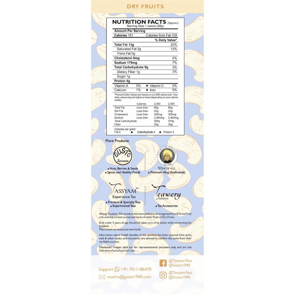 Tassyam Organics Premium Cashews w240 Grade - Box