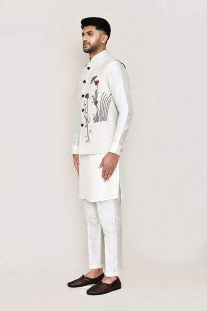 Joban Fashion White Colored Art Silk Fabric Kurta, Jacket With Straight Fit Pant