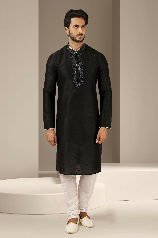 Raivat Ethnic Banarasi Art Silk Thread Work Kurta Pajama In Black Colour