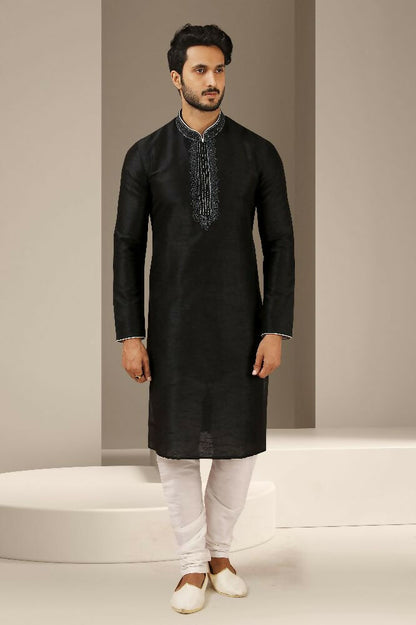 Raivat Ethnic Banarasi Art Silk Thread Work Kurta Pajama In Black Colour