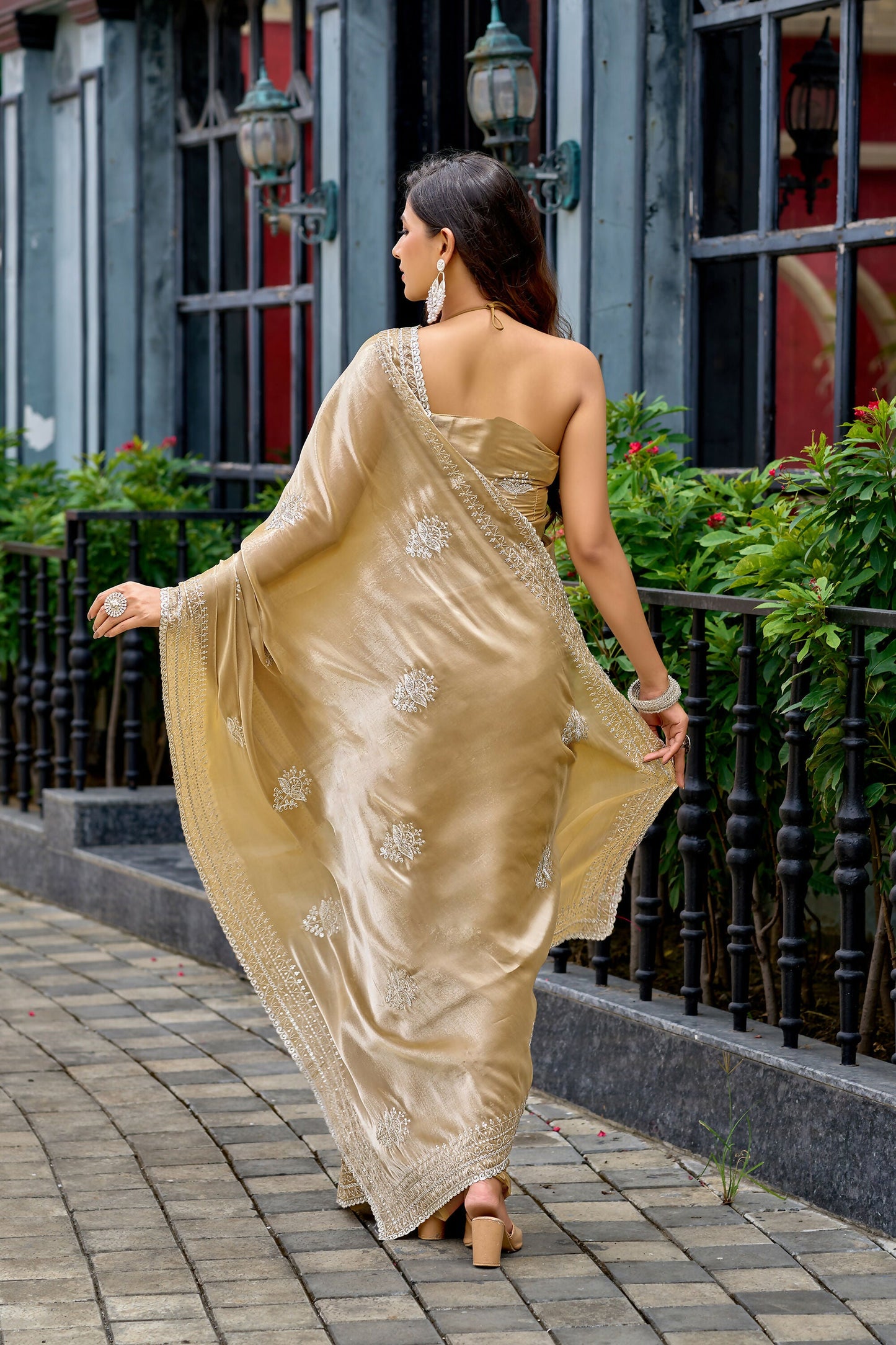 Vastranavya Beige Embroidery Work Shimmer Chiffon Saree with Unstitched Blouse