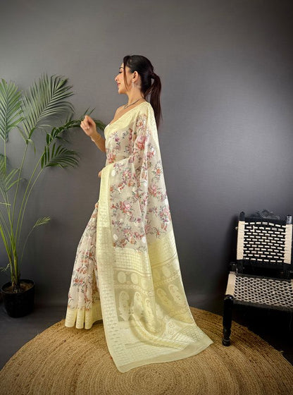 Elora Grey Silk Floral Motifs Coppery Tone Contrast Floral Border Banarasi Saree
