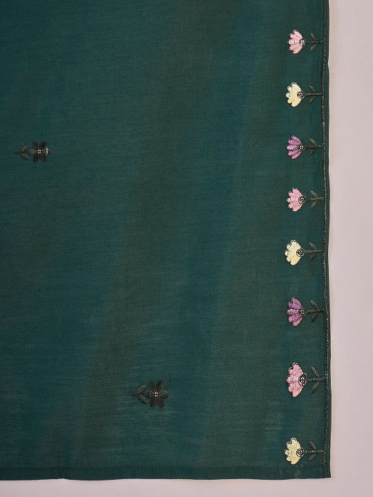 Sangria Floral Embroidered Thread Work Pure Silk Straight Kurta & Trousers With Dupatta