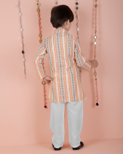 Joban Fashion Kids Island Cotton Full Sleeves Striped Kurta and Pyjama- Orange