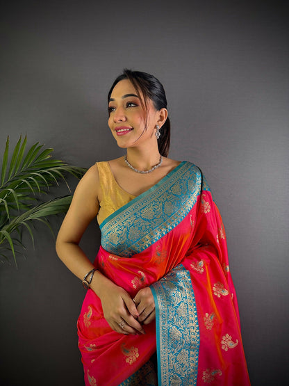 Joban Fashion Banarasi Hot Pink Woven Butti Soft Silk Saree
