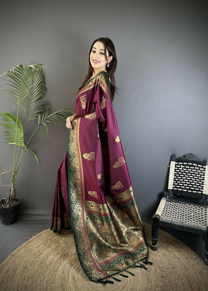 Joban Fashion Maroon Banarasi Soft Silk Peacock Butta Work Saree