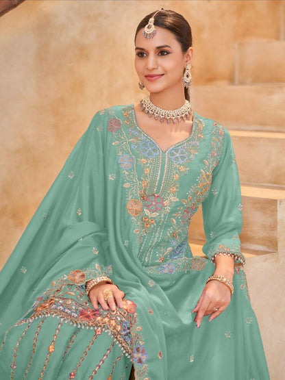 Anaita Sky Blue Vichitra Silk Readymade Palazzo Suit with Embroidery & Lace Work
