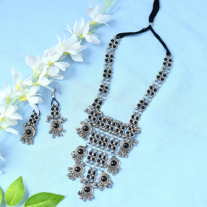 Mominos Fashion Johar Kamal Oxidised Silver-Plated Brass Finish Black Kundan Afghani Long Necklace For Women