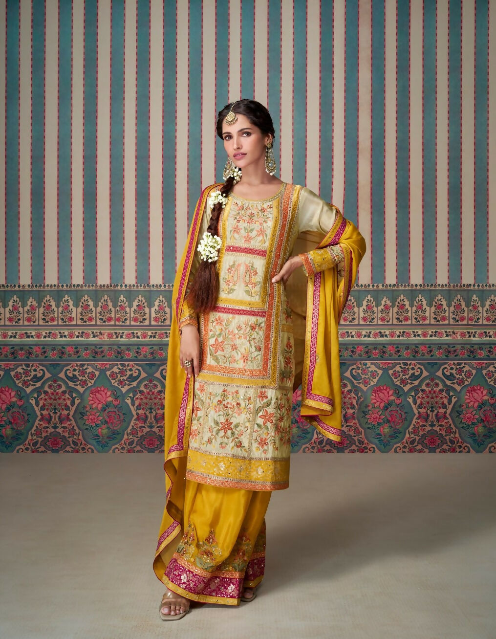 Anaita Yellow Embroidered Silk Fully Stitched Plazo suit