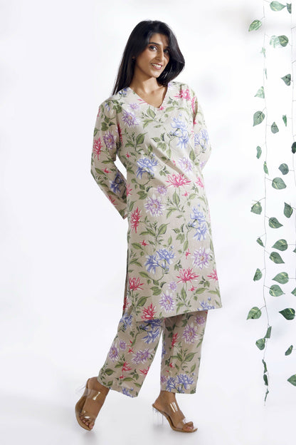 Breathables Women’S Loungewear Long Kurta Co-Ord Set Cotton Cream Floral Print