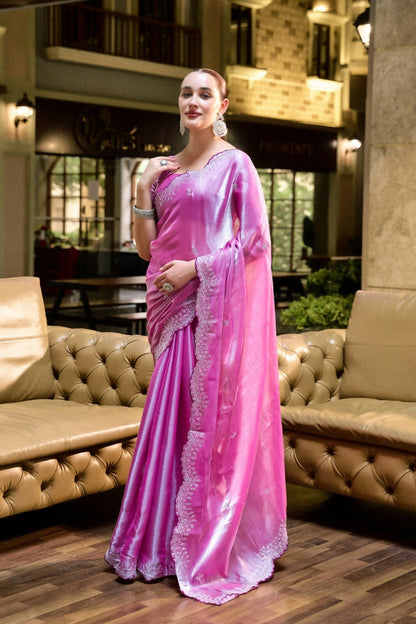 Vastranavya Baby Pink Embroidery Work Shimmer Chiffon Saree with Unstitched Blouse