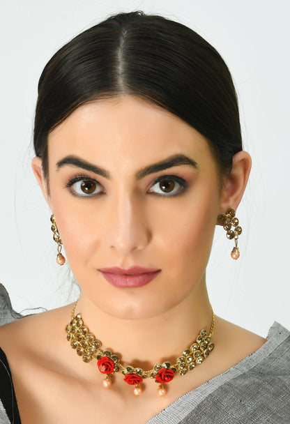 Mominos Fashion Johar Kamal Gold-Polished Brass Finish Stone/Pearls Choker For Women (Golden)