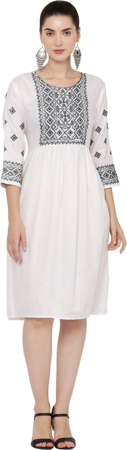 PAVONINE White Color Burfi Design Embroidery Dress For Women