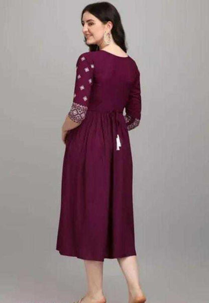 PAVONINE Wine Color Burfi-Design Embroidery Dress For Women