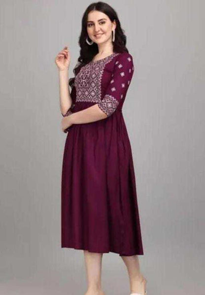 PAVONINE Wine Color Burfi-Design Embroidery Dress For Women