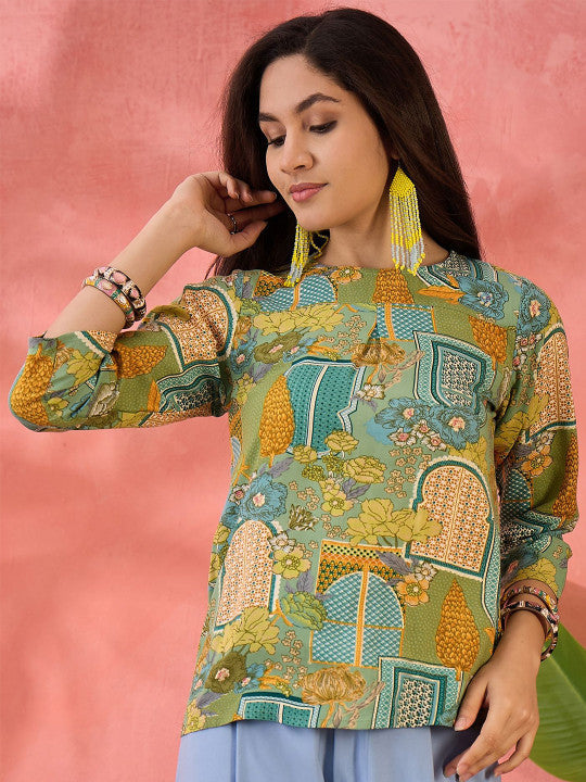 Sangria Printed Round Neck Top