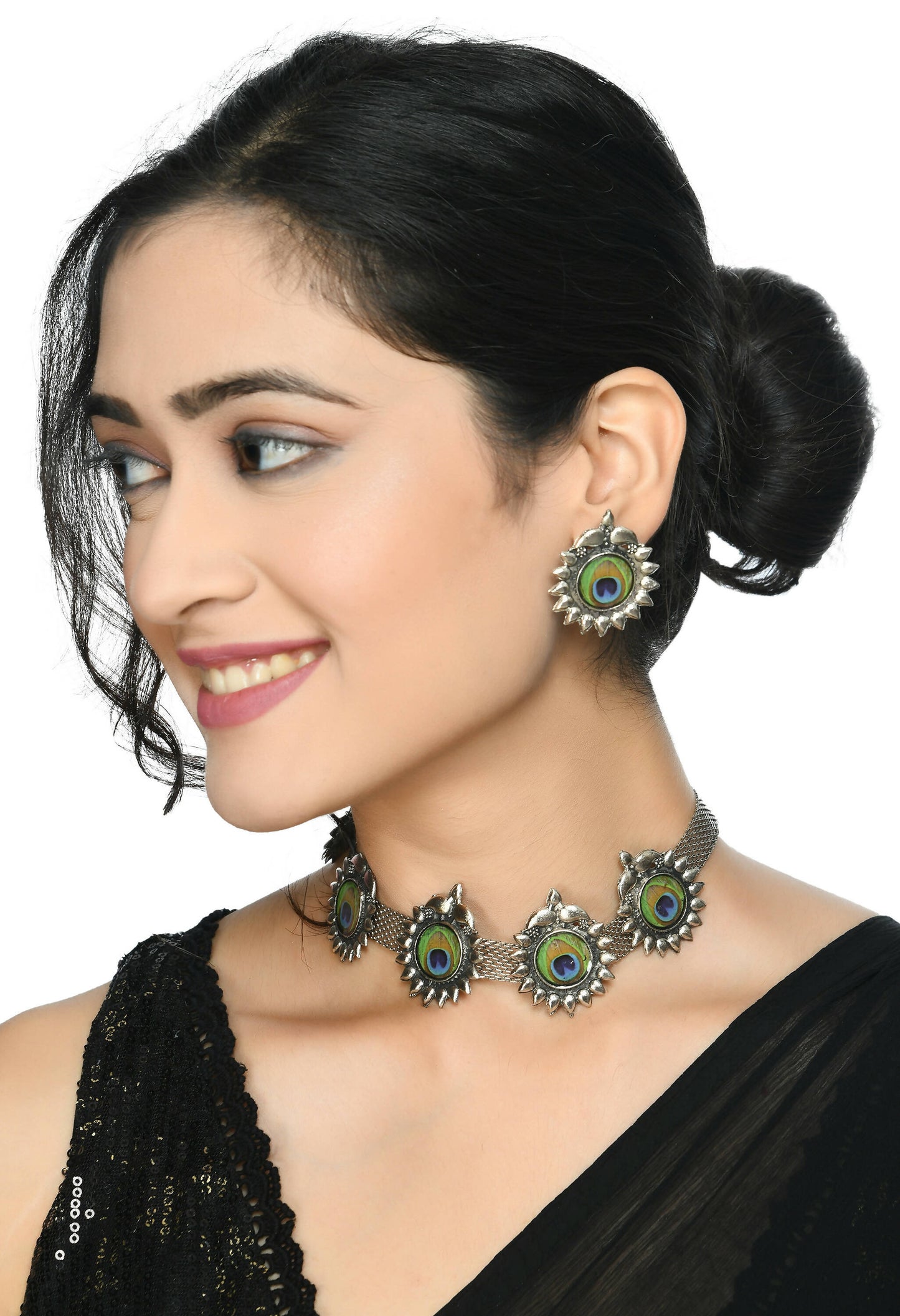 Mominos Fashion Johar Kamal Oxidised Silver-Plated Peacock Wings Work Necklace Handicraft