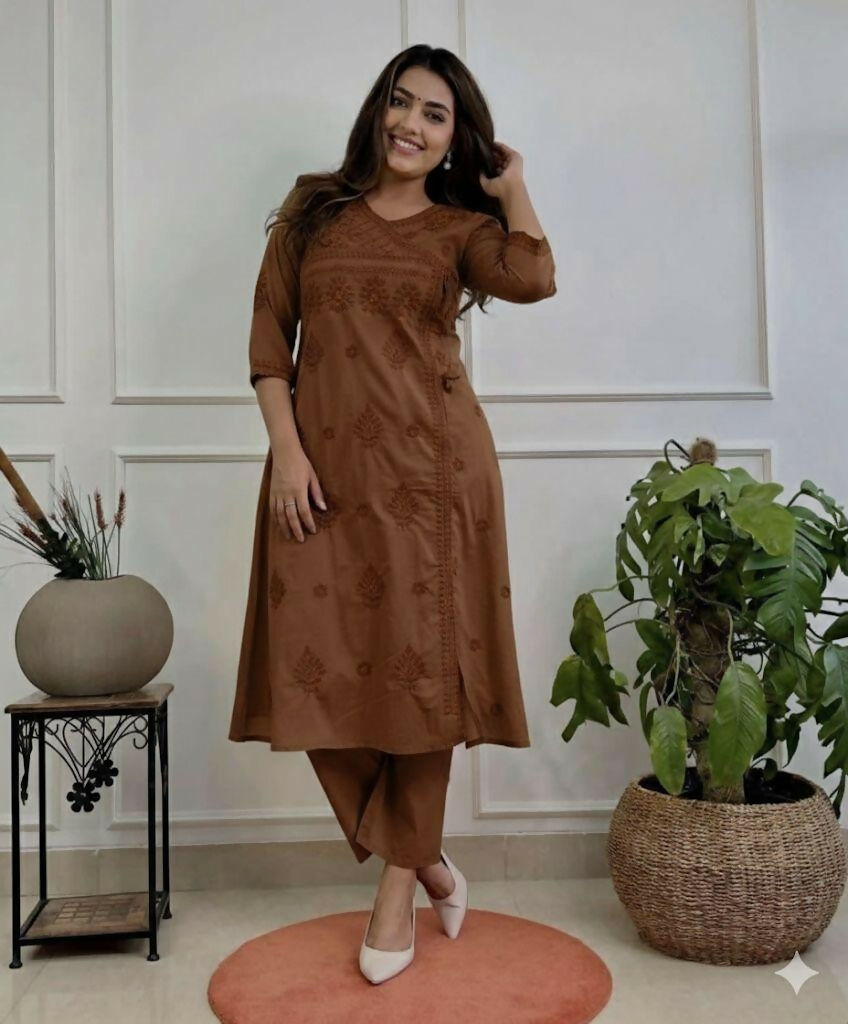 Miravan Womens Brown Floral Printed Angrakha Style Kurta With Palazzo