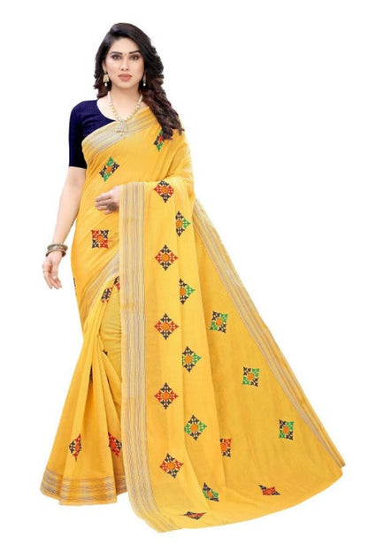 Vamika Chanderi Cotton Box Designed Embroidery Yellow Saree (Dixa Yellow)