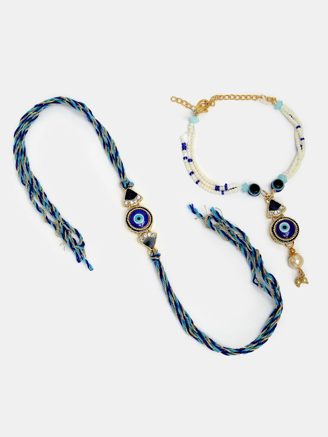 NVR Women & Men Set of 2 Blue Evil Eye Bhaiya Bhabhi Rakhi With Roli Chawal & Chocolate