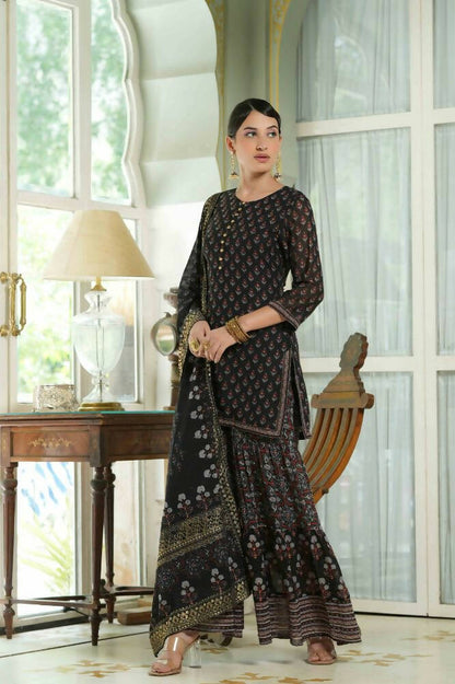 Juniper Black Georgette Festive Floral Print Straight Tunic-Sharara For Women