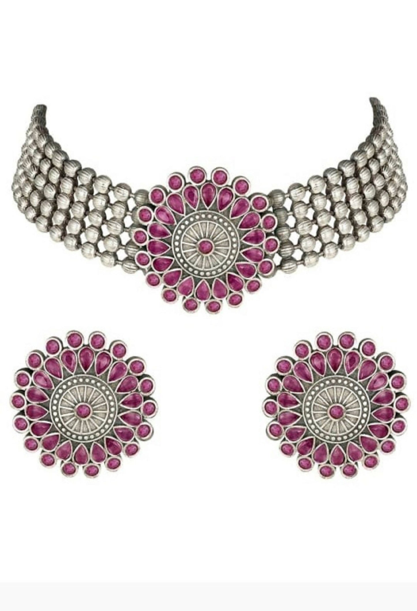 Mominos Fashion Johar Kamal Oxidised Silver-Plated Brass Finish Kundan Choker For Women (Pink)
