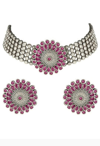 Mominos Fashion Johar Kamal Oxidised Silver-Plated Brass Finish Kundan Choker For Women (Pink)