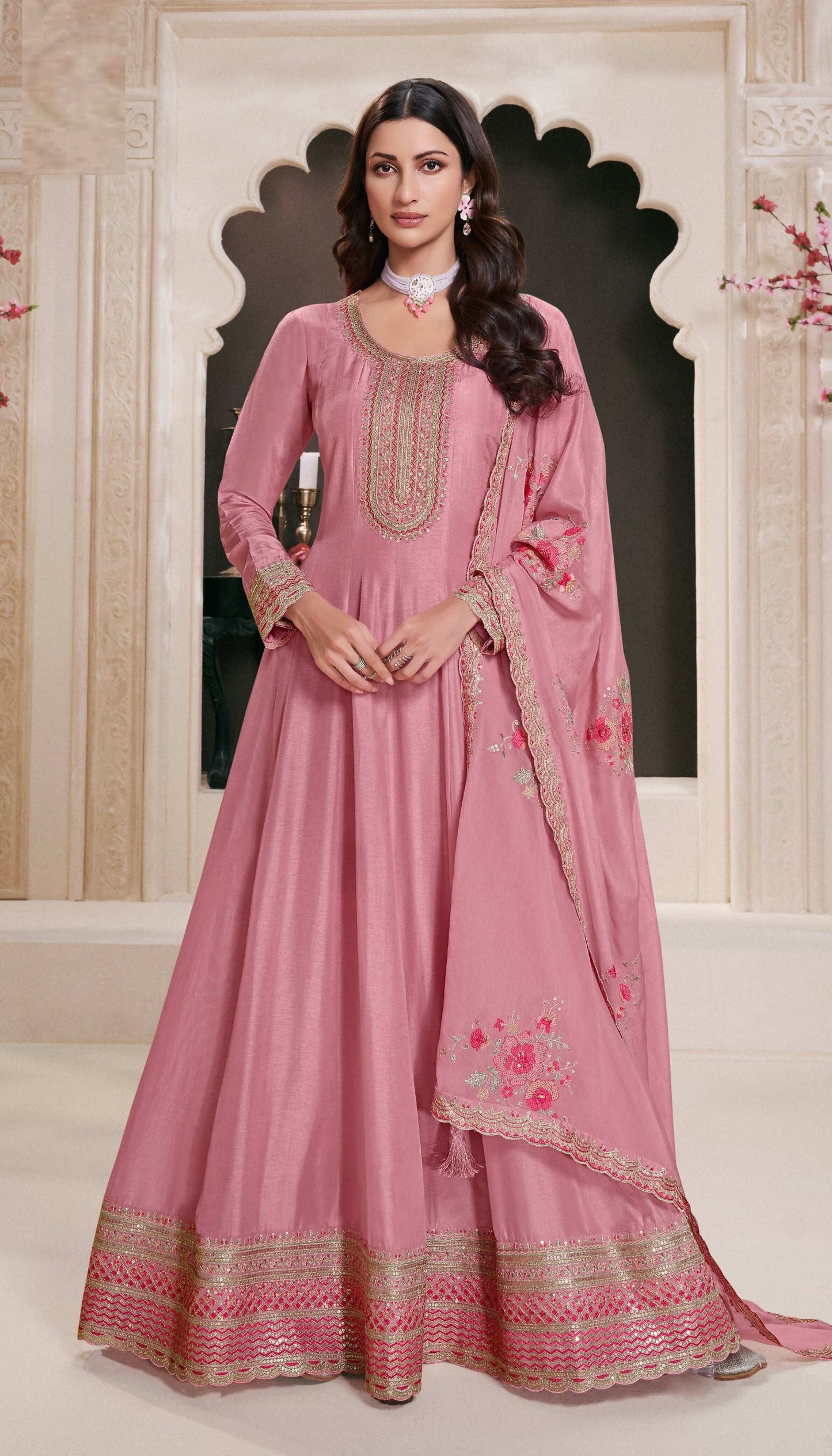 Anaita Pink Embroidered Work Silk Stitched Anarkali Suit