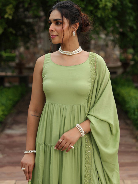 Anayna Women Round Neck Tiered Anarkali Kurta & Trousers With Dupatta