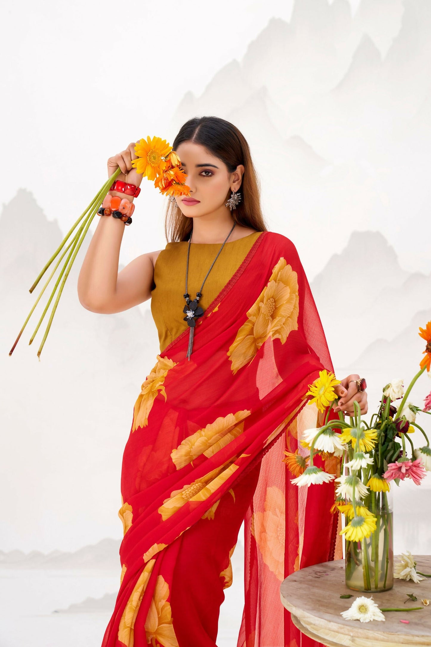 Vastranavya Red Floral Print with Lace Border work Chiffon Saree & Unstitched Blouse