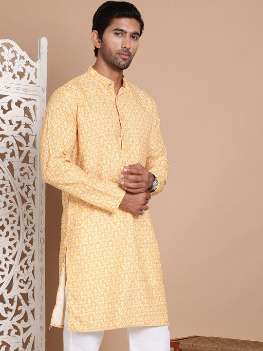 Anouk Men Floral Printed Sequinned Floral Kurta Yellow