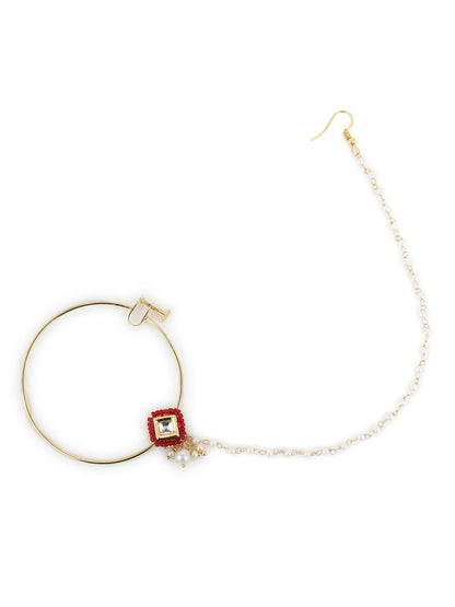 White Red Gold-Polished Kundan-Studded Beaded Nosepin - Ruby Raang