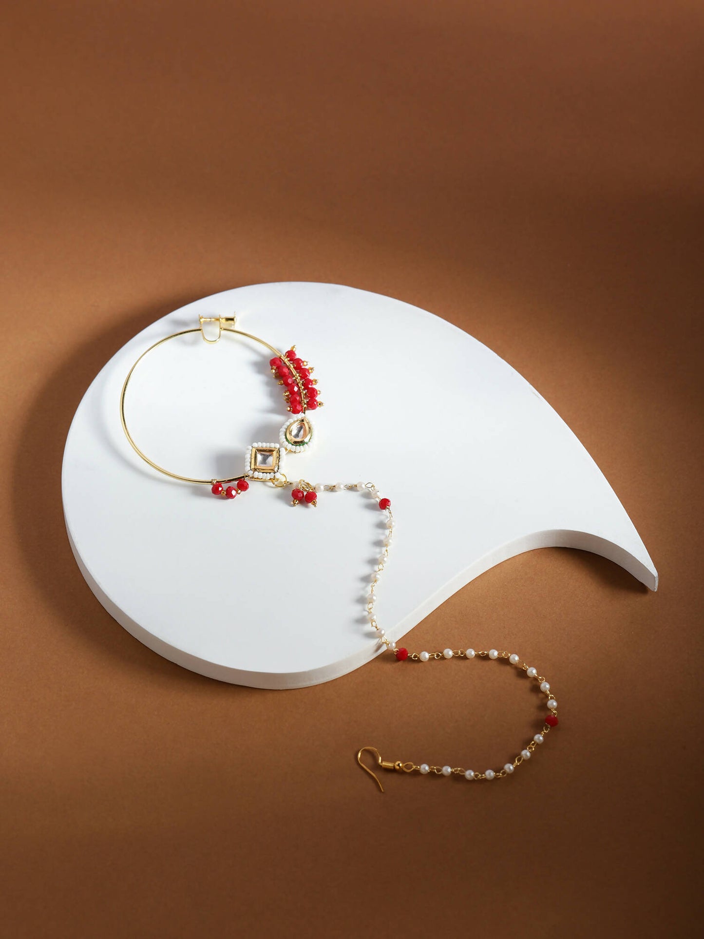Gold-Polished White Red Stone-Studded Pearl Beaded Nosepin - Ruby Raang
