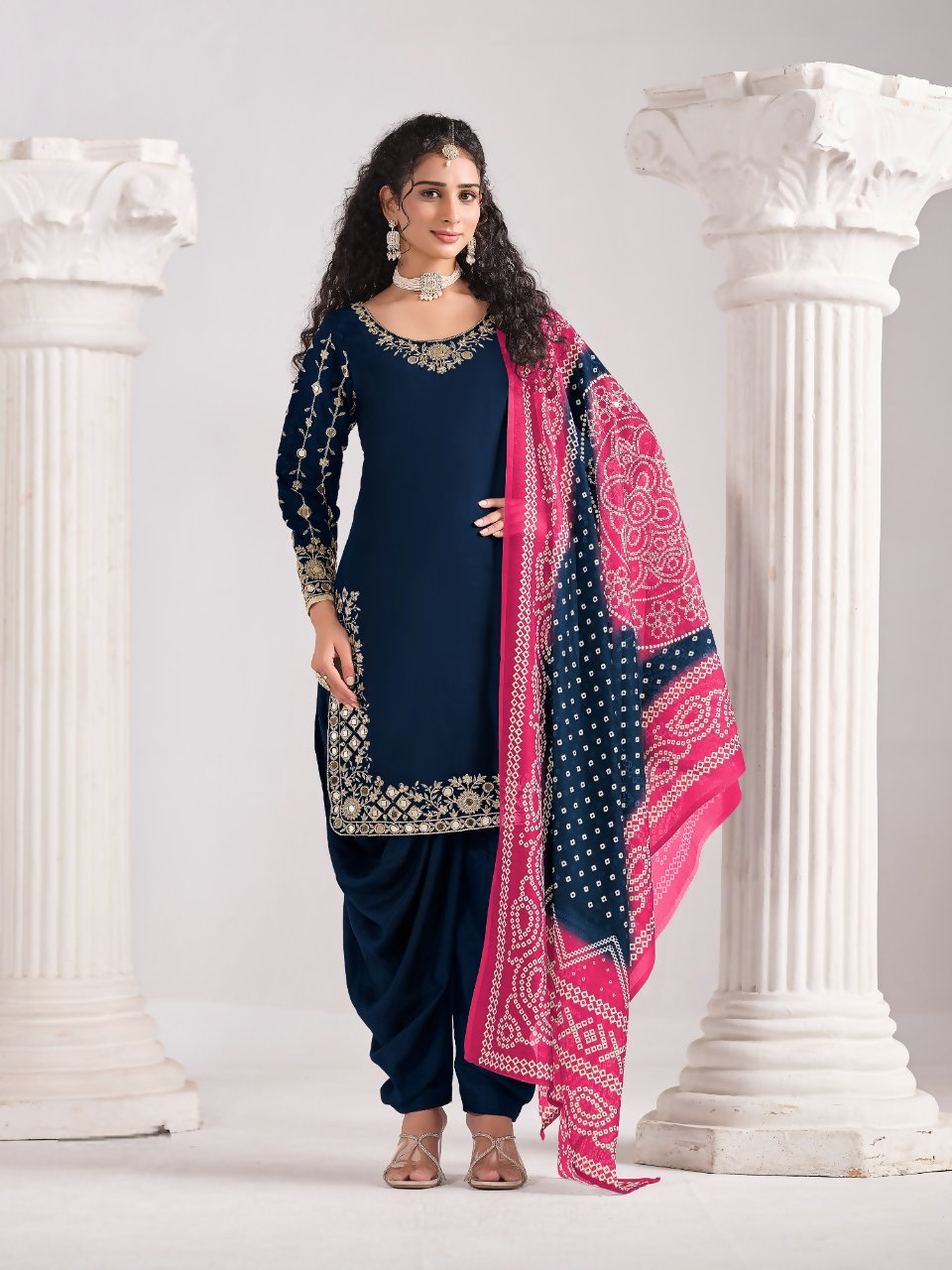 Anaita Navy Blue Roman Silk Stitched Suit with Embroidery & Real Mirror Work